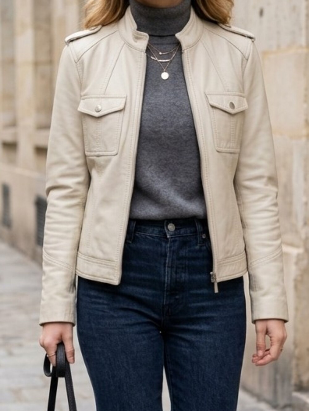 attention Light Cream Leather Zip-Front Moto Jacket